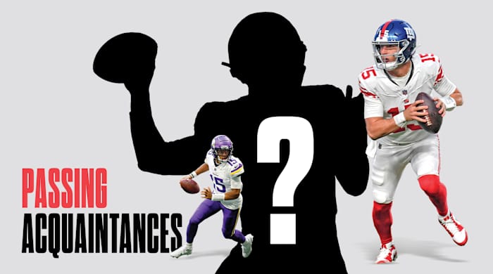 a graphic with the text “Passing Acquaintances’ On it, with joshua dobbs and tommy devito both running with the football overlayed over a silhouette with a question mark